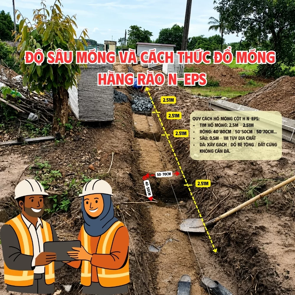 độ sâu móng cột H hàng rào lắp ghép N-EPS