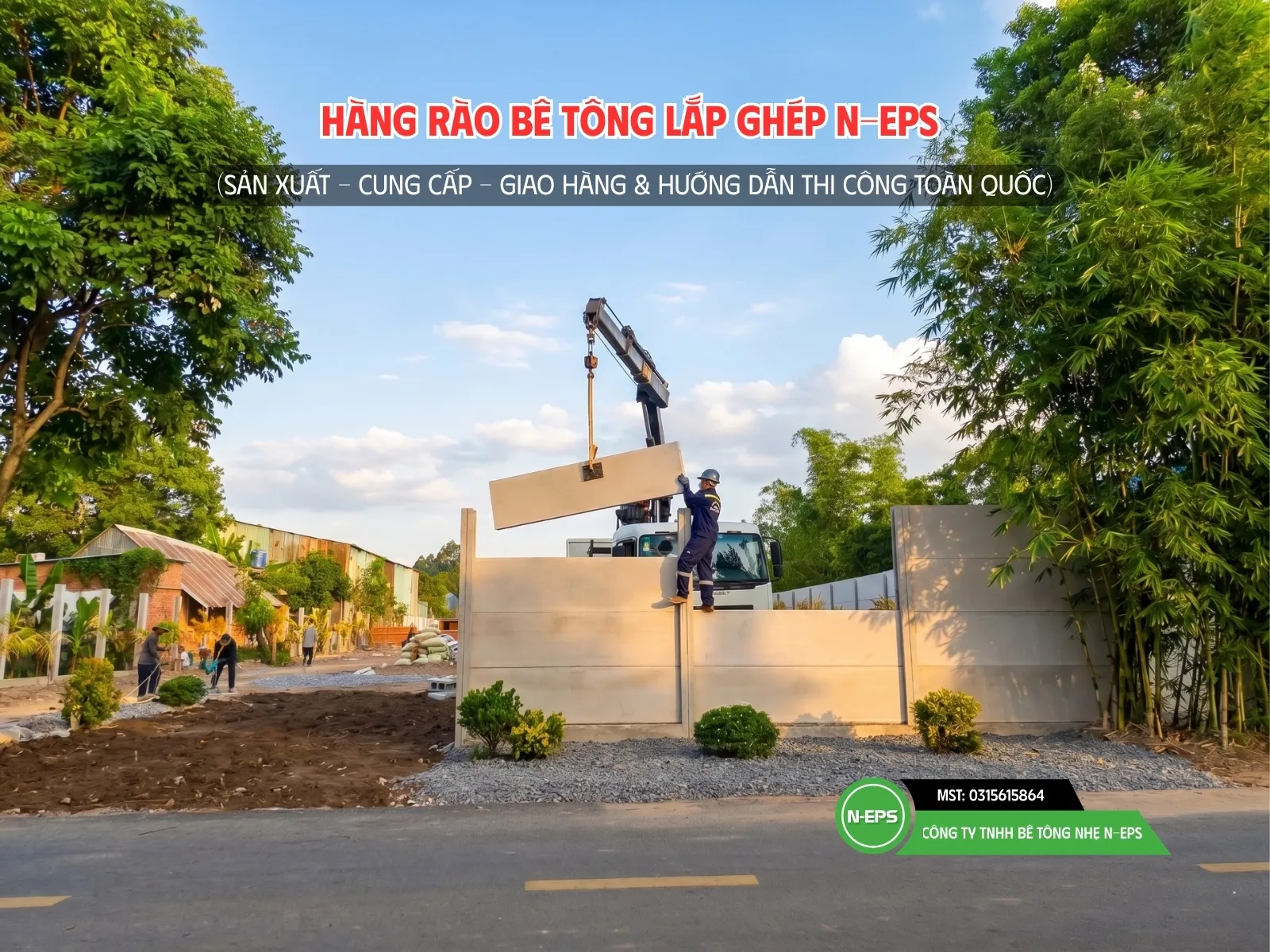 thi công hàng rào bê tông lắp ghép bằng máy xúc