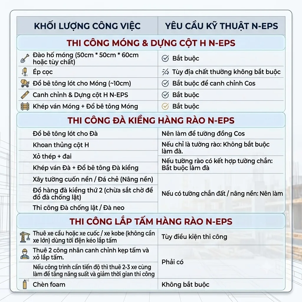 các hạng mục thi công hàng rào bê tông lắp ghép N-EPS