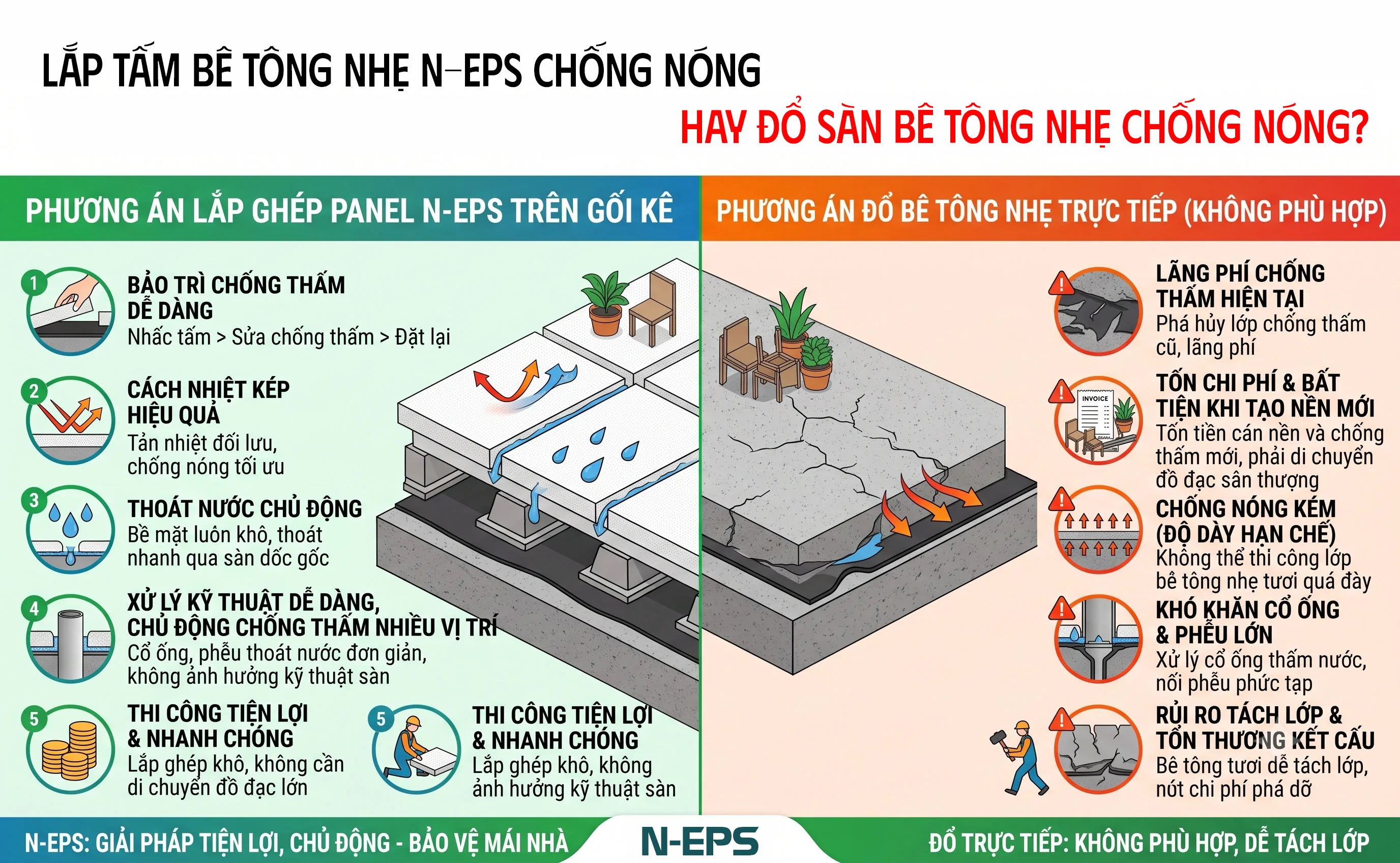 Chống nóng sàn mái bằng tấm bê tông nhẹ